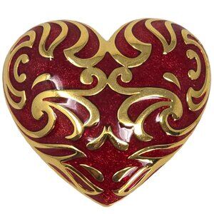 Vintage Lady Remington Red Enamel Heart Brooch Gold Tone Pin LR Signed
